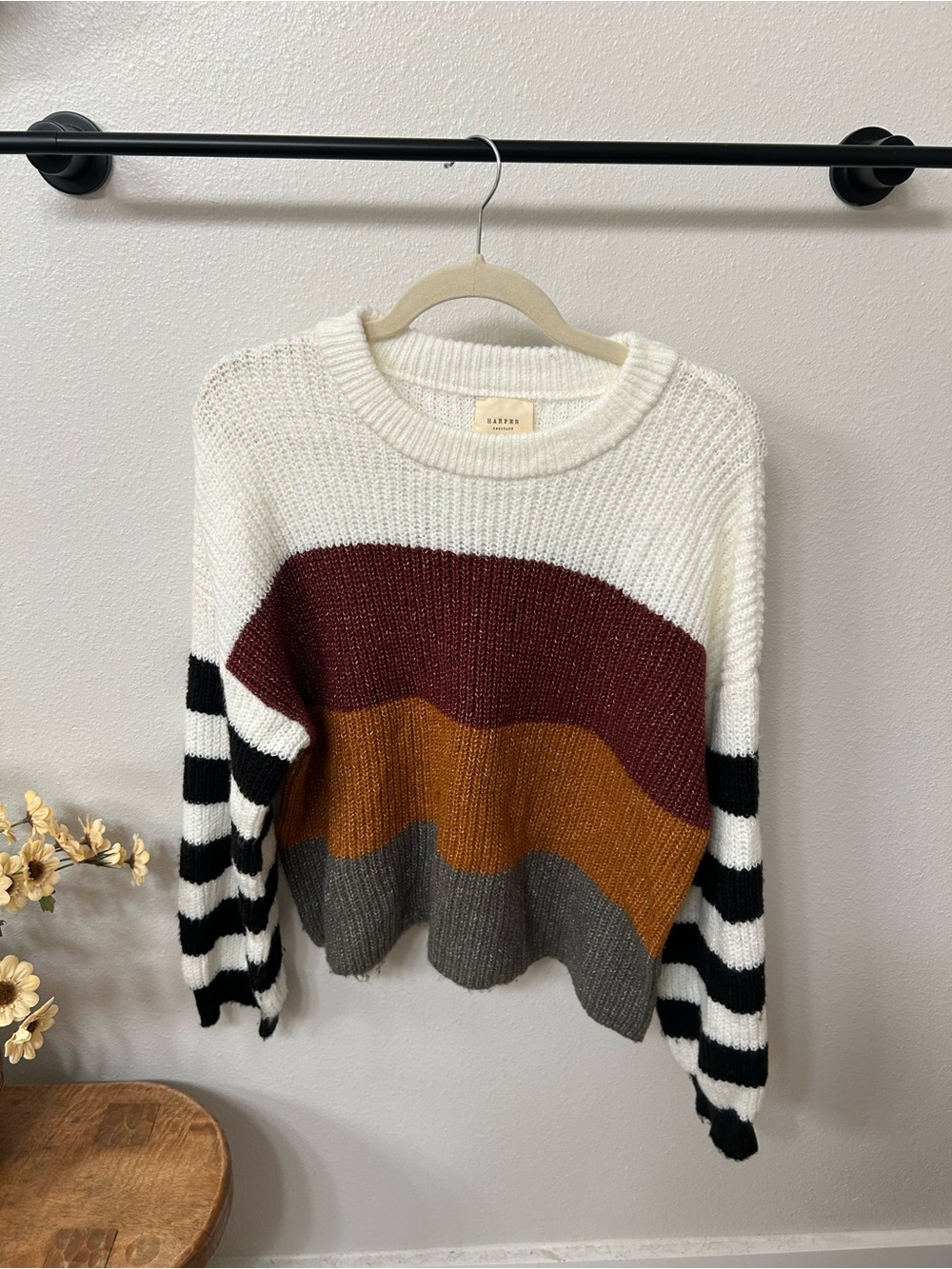 Harper Colorblock Crewneck Sweater in White, Burgundy & Mustard
